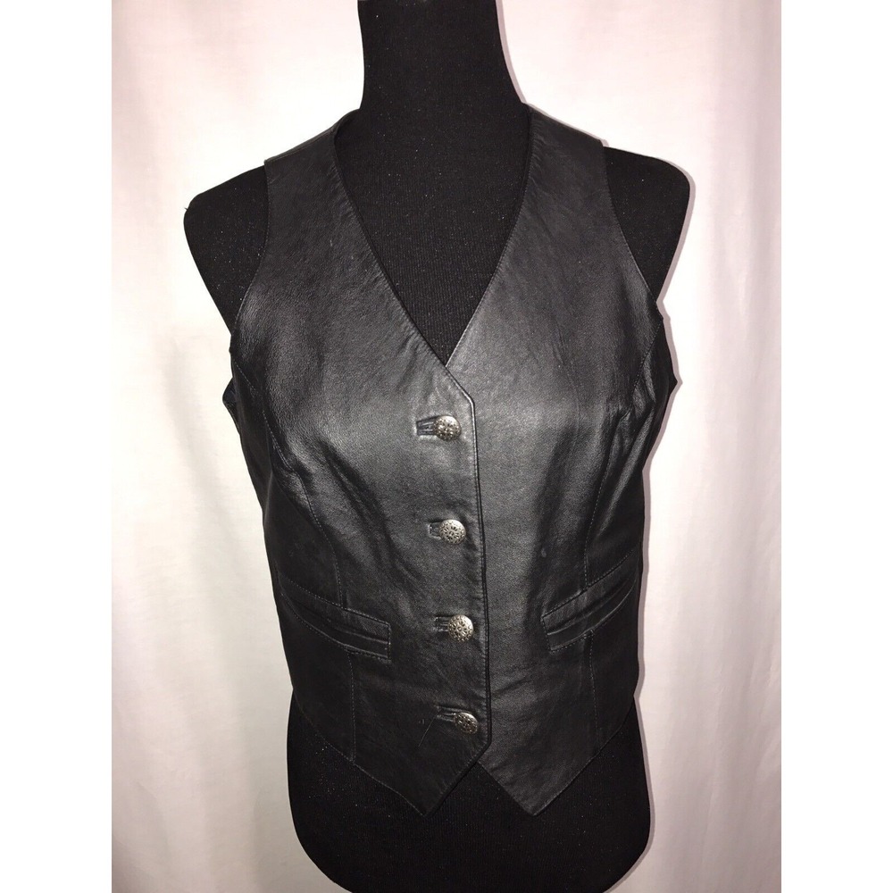VTG 1980s Contempo Punk Rocker CHIC Black Leather Silver Button Accent Vest M